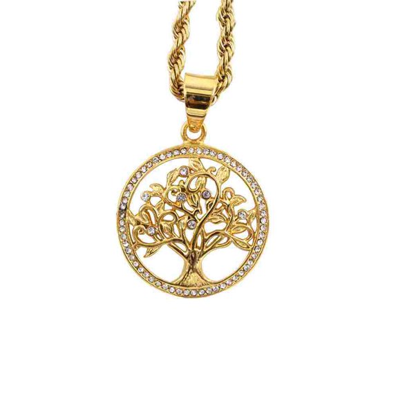 Classic Fashion Hollow Inlaid Zirconia Tree of Life 14K Yellow Gold Necklace for Women Charm Amulet Religious Jewelry Party Gift