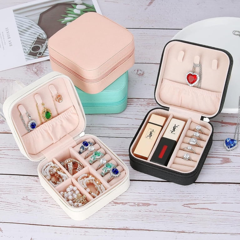 Mini Travel Jewelry Box - PU Leather Case With 3 Silver Polishing Cloths - Organizer For Rings, Earrings, Necklaces