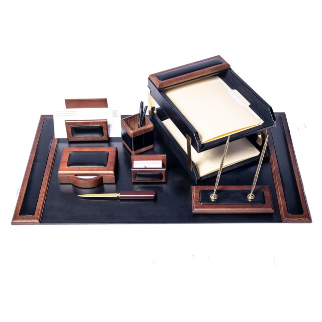 Dacasso Walnut And Black Leather Desk Set 10-Piece 34"" X 20""