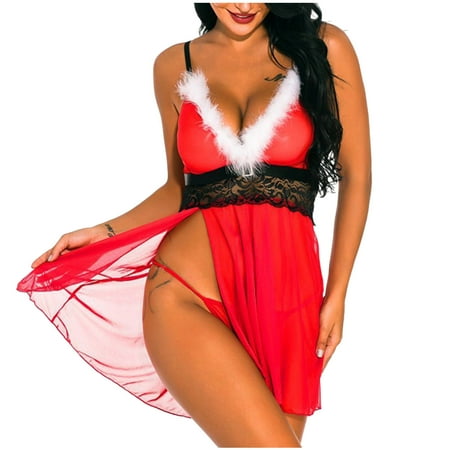 

RQYYD Women s Christmas Lingerie Babydoll Front Slit Lace Mesh Chemise Sleepwear on Clearance (Red XL)