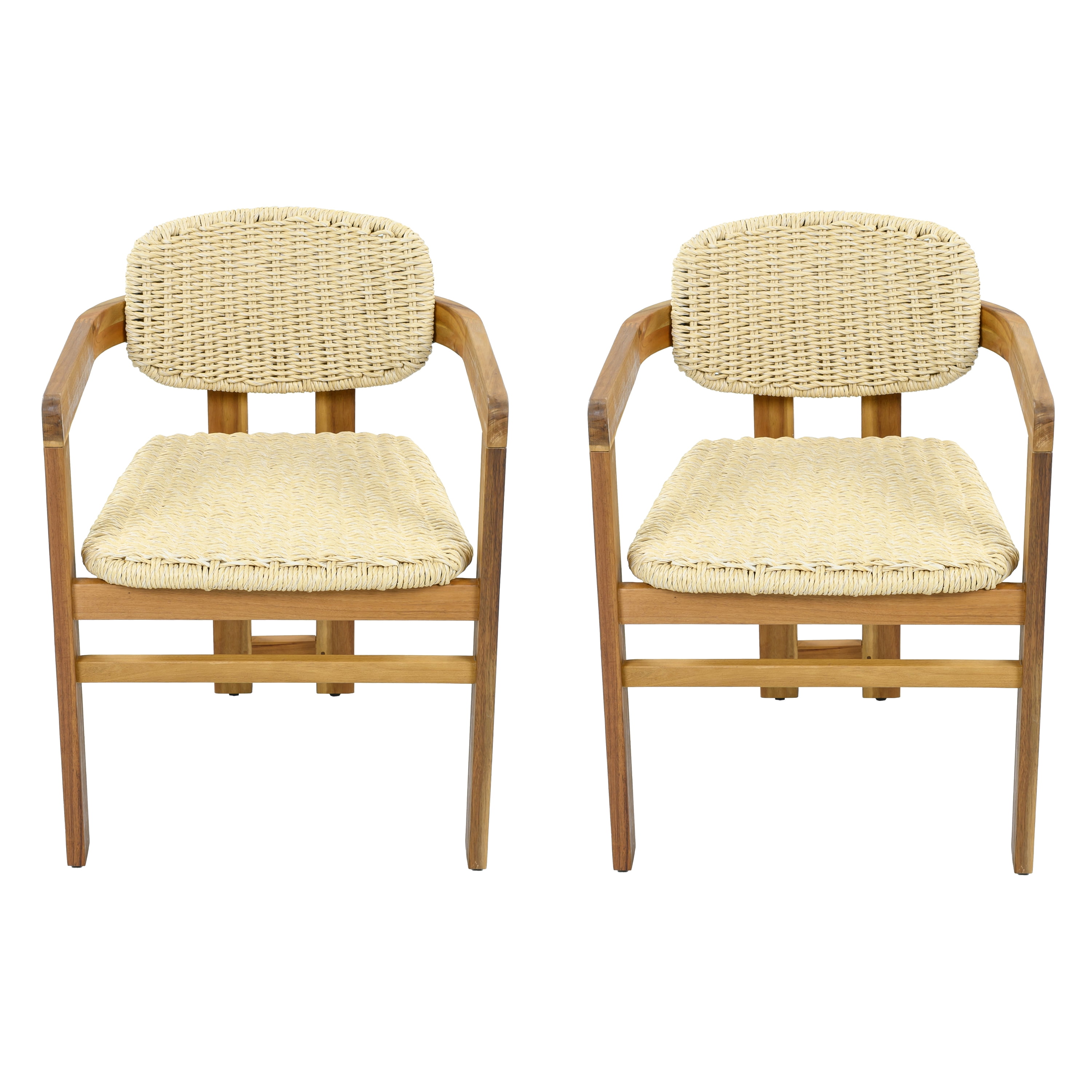 Woven Rattan Accent Chairs Set of 2, Outdoor Patio Seating Chairs, Teak Finish and Natural Rattan