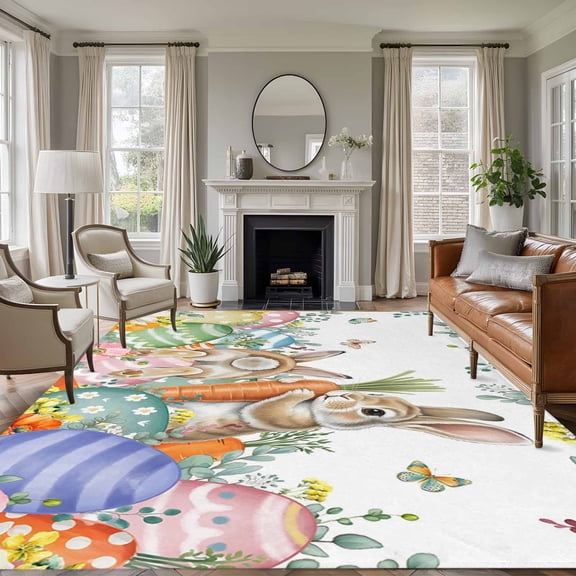 Spring Easter Area Rug 5x7 Washable Rug Non Slip Rabbits Eggs Botanical Floral Leaf Butterfly Large Area Rug Soft Stainresistant Indoor Floor Carpet for Living Room Bedroom Home Office Dining Room