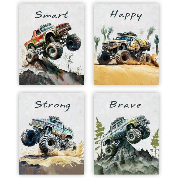 Monster Truck Wall Art Prints, 4 Piece Set, Positive Motivational Posters for Children, Inspirational Truck Canvas Prints for Nursery Kids Room Bedroom Decor, 8 x 10 inches Unframed