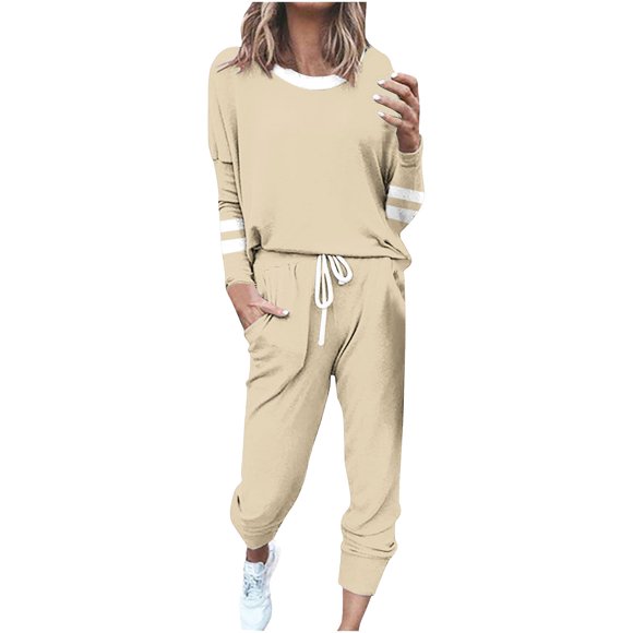 LMKIHUSA Ensemble de Survêtement Court pour Femmes Ensemble Deux Pièces Manches Longues Pantalon Long Survêtements Rayés Printemps Automne Survêtements 2025 Beige,TTG