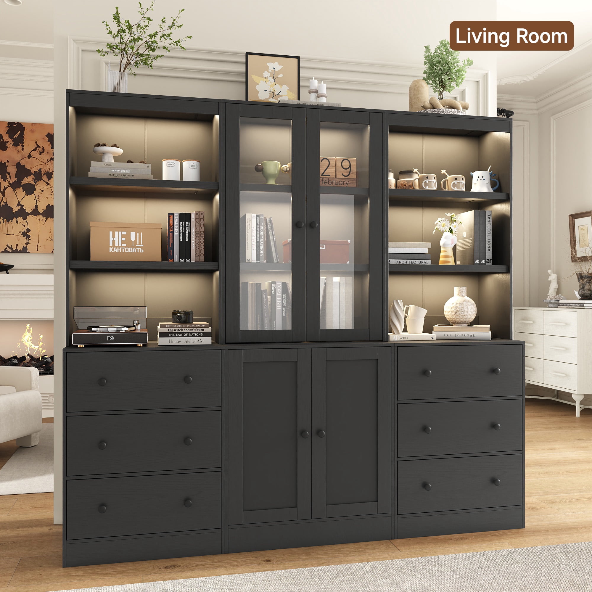 IDEALSOUL 3PCS 71" Tall Bookcase with Drawers, Black Combination Bookcase with Charging Station and LED Light, Freestanding Display Cabinet with Large Storage Space for Living Room, Office, Bedroom