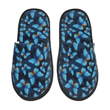 Balery Blue Butterfly Slient Indoor Furry Fleece Comfort House Shoes Soft Non-Slip Home Shoes Cotton slippers House Slippers-- Medium