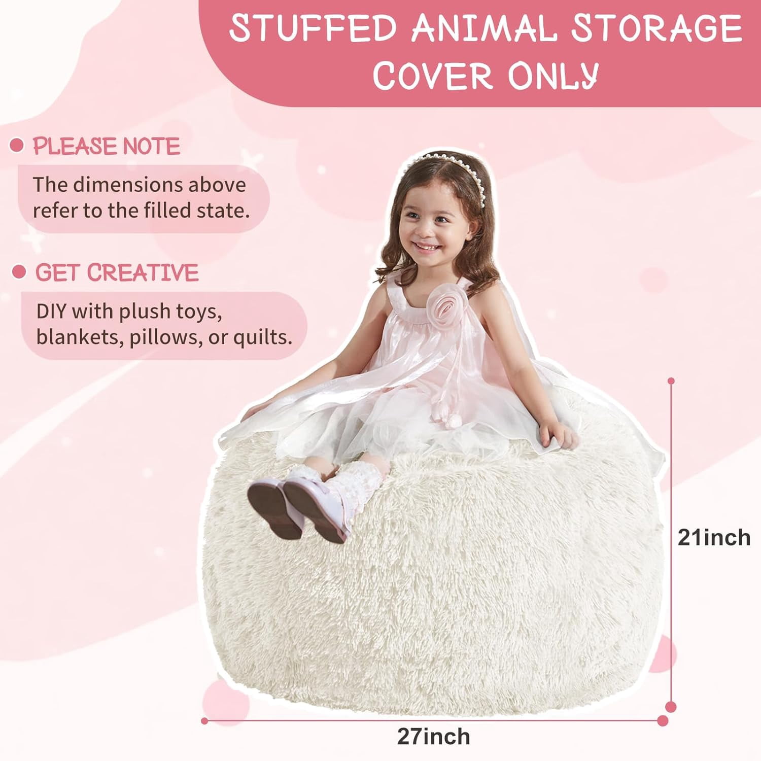 General Bean Bag Cover (No Filler), Stuffed Animal Storage Bean Bag Covers for Kids, Soft Faux Fur Washable Cover with Pocket Handle, Comfy Fluffy Beanbag for Organizing Plush Toys, 27"x21" Beige