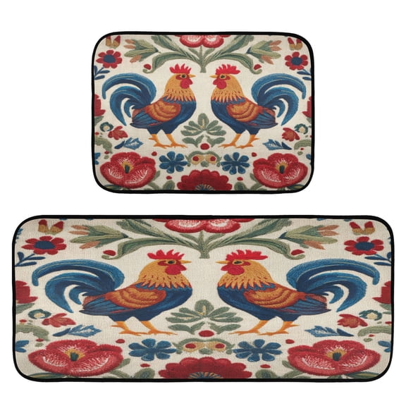 2-Piece Kitchen Rugs Set Non-Slip Mats Carpet Floor for Kitchen, Bathroom (19.7"x27.6" & 19.7"x47.2") Male and Female Chickens