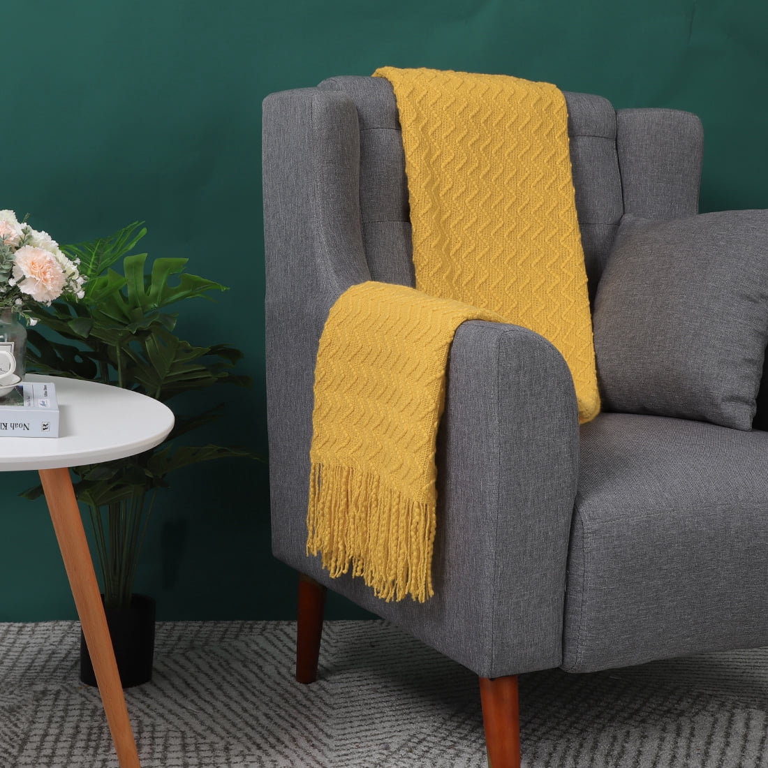 Unique Bargains Fringe Knitted Decorative Throw Blanket, 50"x 60", Yellow