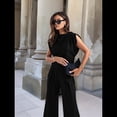 thumbnail image 4 of Traje Informal Sin Mangas Plisado con Cuello Redondo para Mujer, Chaleco de Cuello Redondo, Pantalón de Pierna con Bolsillo, Negro, Talla S, 4 of 7