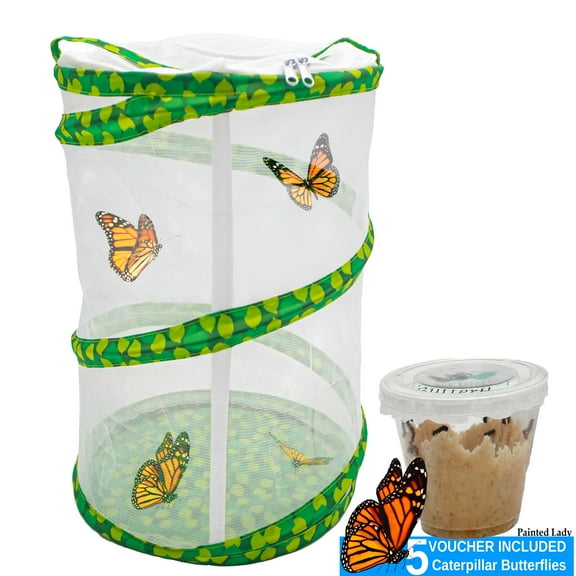 BESTSKY Butterfly Growing Garden Kit - Butterfly Habitat Net Cage - Collapsible Terrarium Mesh Net w/ Caterpillar n Food Voucher - 12" Tall