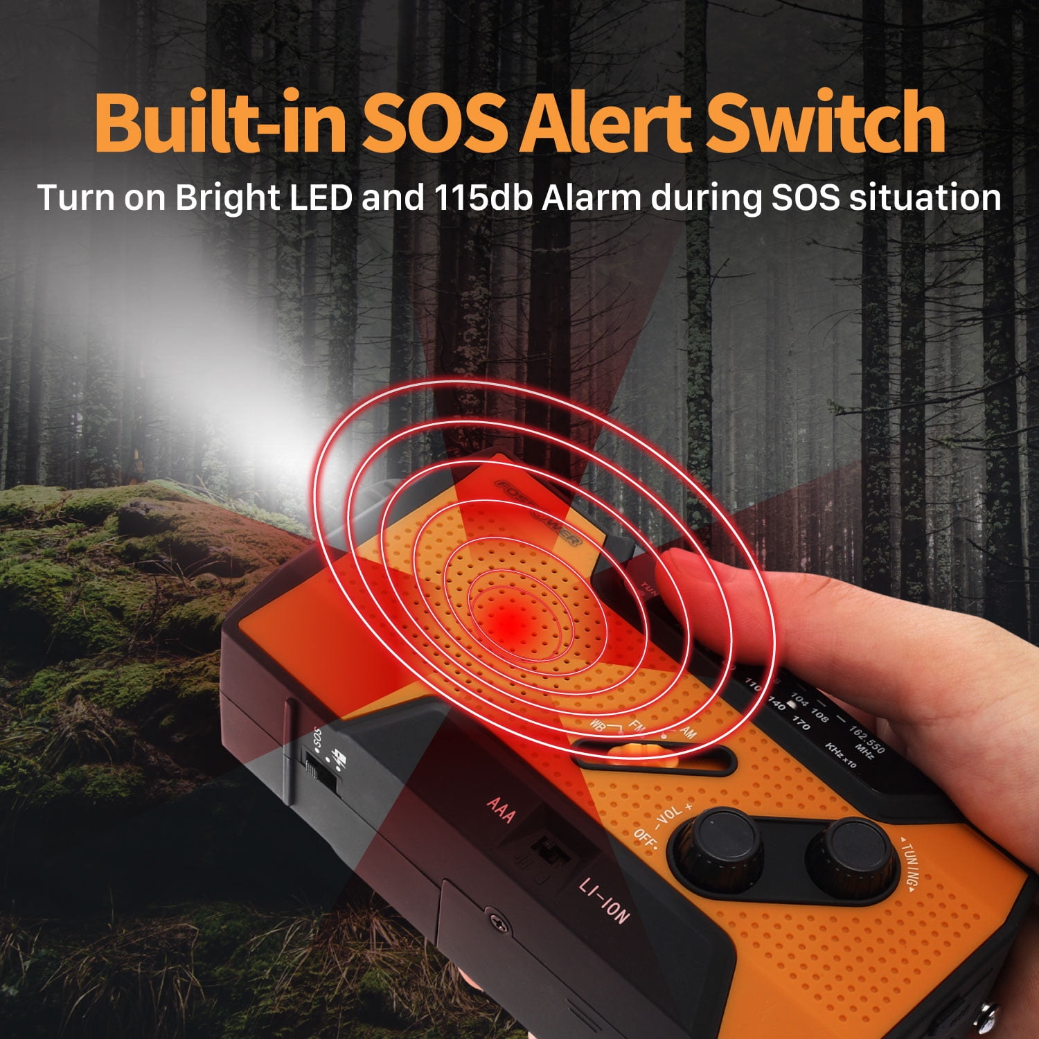 FosPower Emergency Solar Crank Portable Radio with LED Flashlight & USB Port, Orange/Black