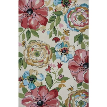 3'X5' Beige Hand Hooked Oversized Floral Indoor Area Rug