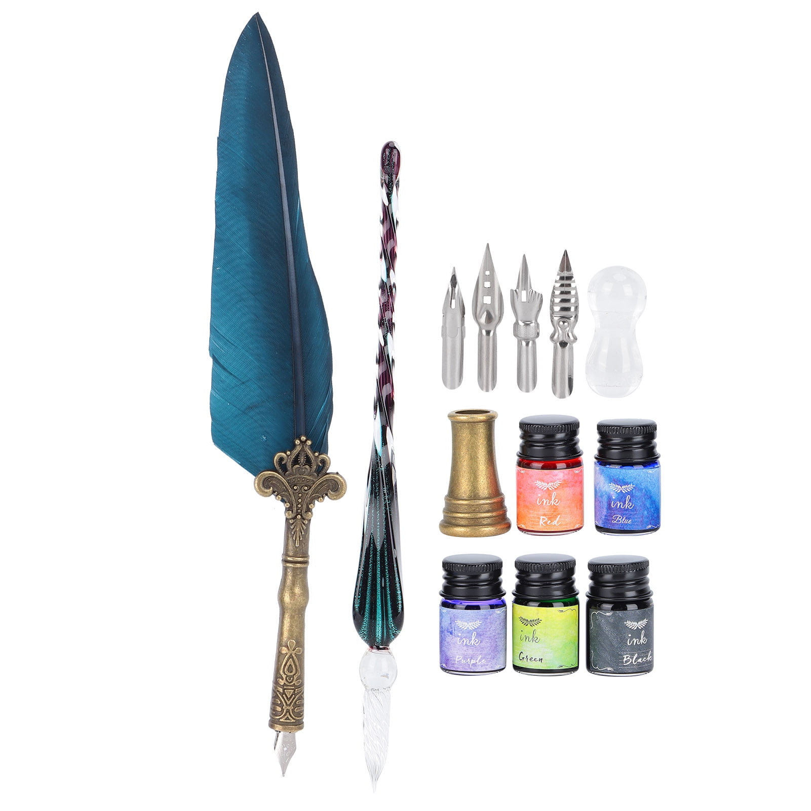 Riousery Calligraphy Pen Set Glass Ink Feather Fountain Pen with Replaceable Nibs Writing Gift Box Kit Navy