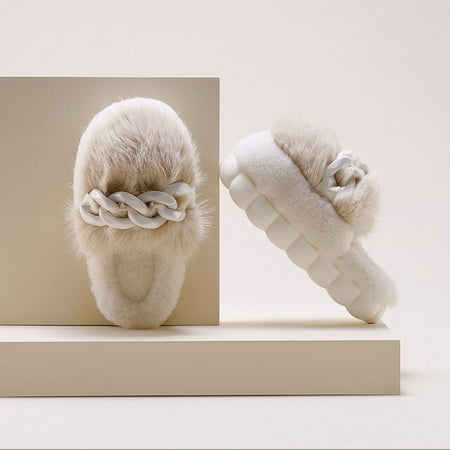 

CoCopeanut Fashion Chain Fur Cotton Platform Women Slippers Winter Fluffy Plush Warm Home Soft Cloud Slippers Leisure Comfy Shoes Women