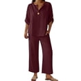 thumbnail image 2 of Women's 2 Piece Lounge Set, 3/4 Sleeve V Neck Casual Top and Wide Leg Pants, Soft Material Matching Outfit for Daily Wear, Beach Travel and Relaxation-Wine, 2 of 7