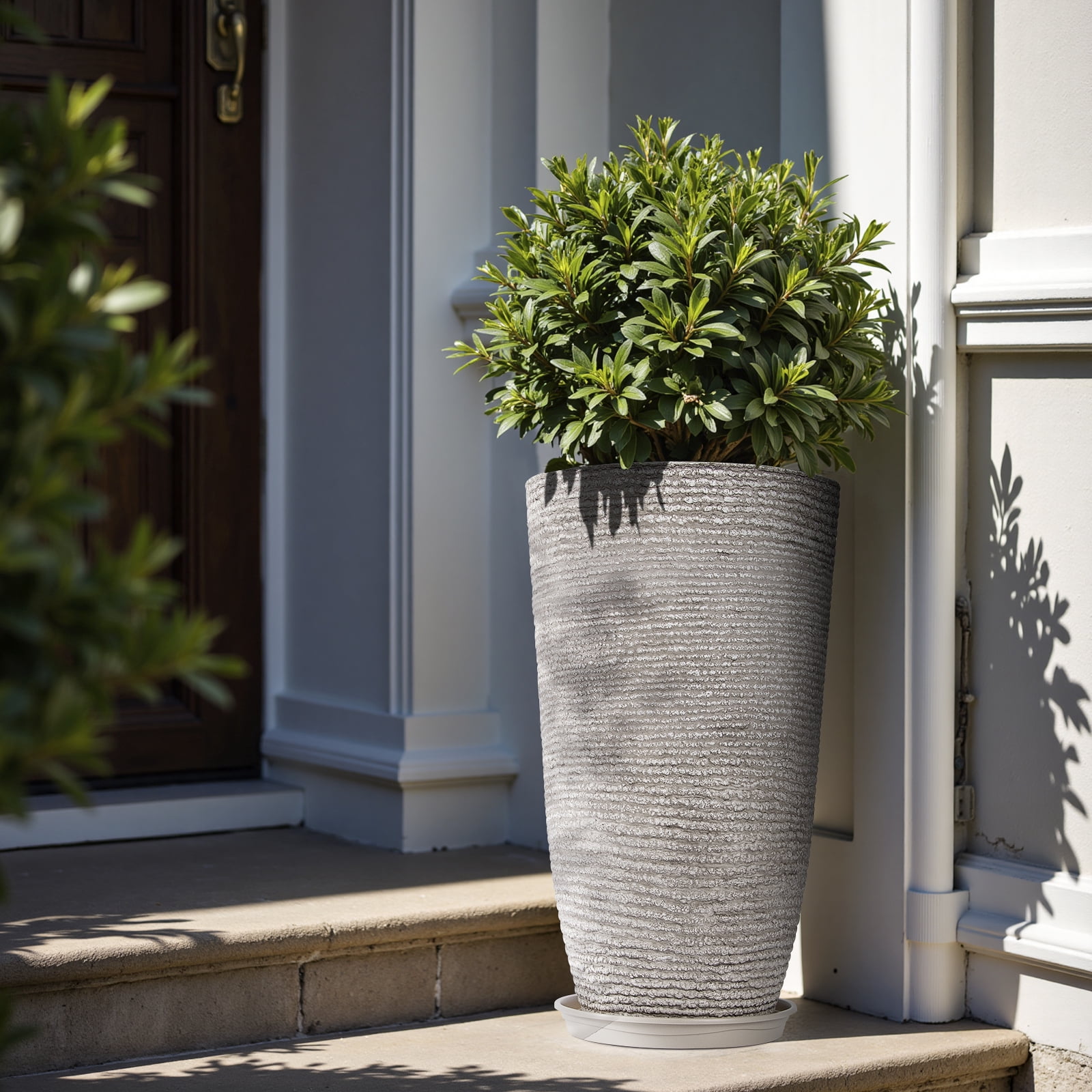 QCQHDU 21 inch Tall Planters with Saucer,2 Pack 9 Gallon Stone Round Pots for Indoor Plants,Outdoor Patio & Porch Decor, Heavy Duty Weatherproof Plant Containers,Gray