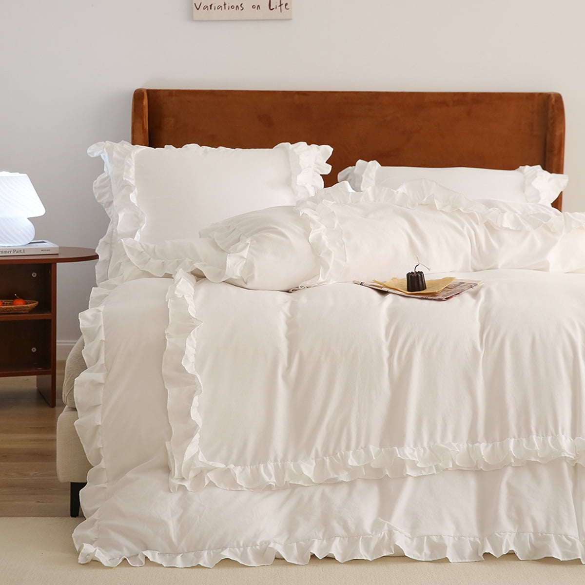 Bedding Duvet Cover With Pillowcase Set Washed Cotton Ruffle Edge White Twin Size