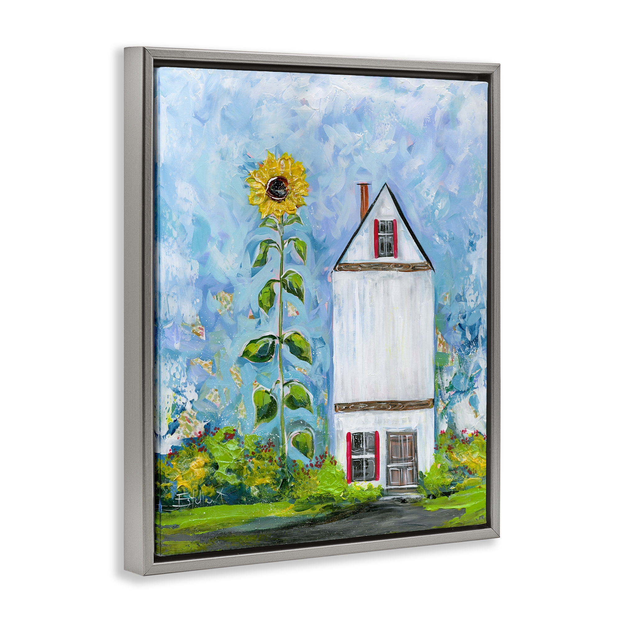 Stupell Industries Giant Sunflower & House Landscape & Nature Painting Gray Floater Framed Canvas Art Print Wall Art, 17 x 21