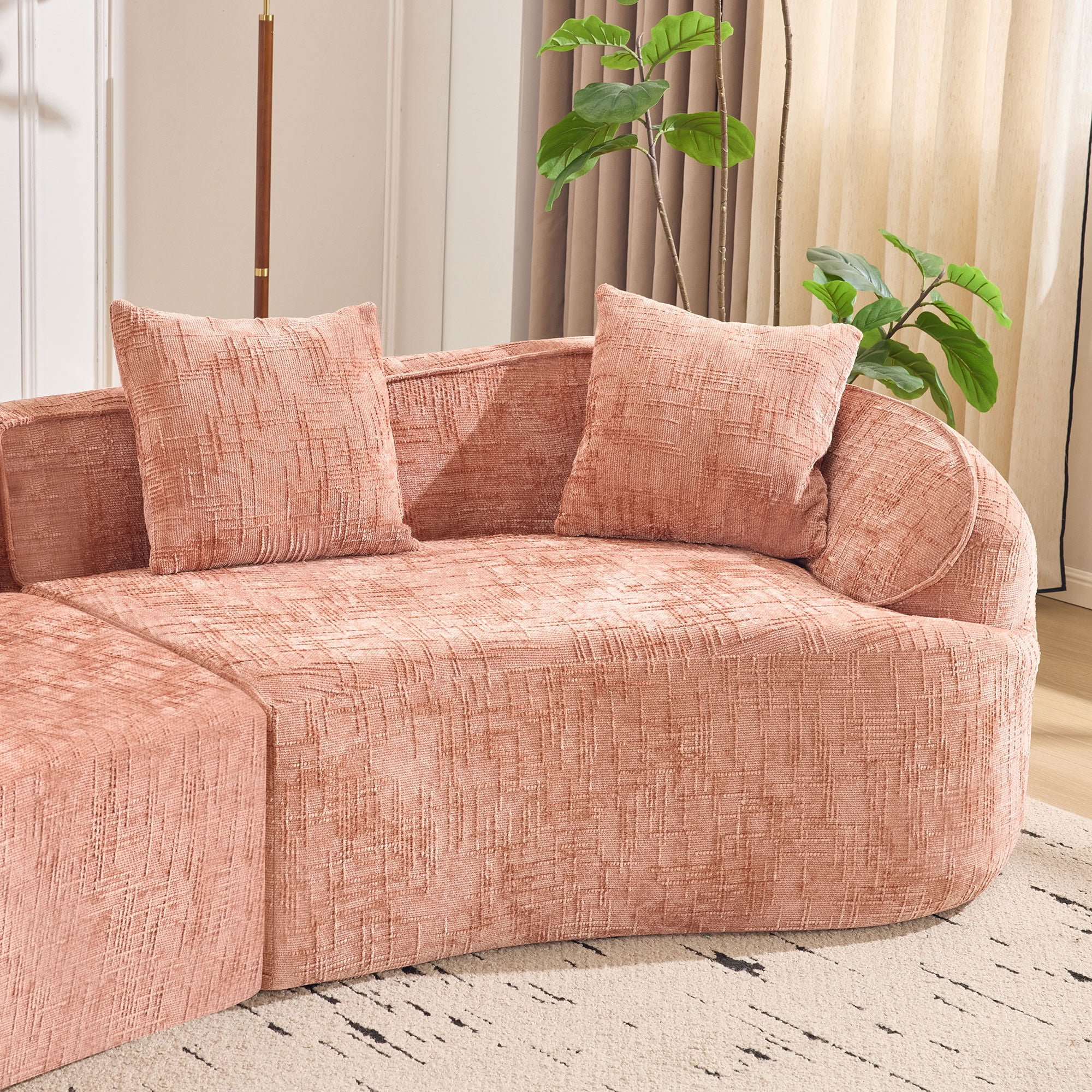 MAYEERTY 4-Seat Curved Compressed Sectional Sofa, Upholstered Cloud Modular Couch with Throw Pillows, No Assembly for Living Room Apartment Small Spaces