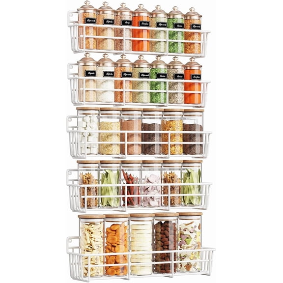 5 Pack Spice Rack Seasoning Organizer Wall Mount, Screw or Adhesive Hanging Shelf Basket Spice Organizer Shelf for Kitchen, White