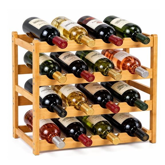 TARNIQOZ Wine Rack Countertop, 4-Tier 16 Bottle Bamboo Wine Rack, Freestanding Wine Bottle Holder Cabinet Storage Shelf for Kitchen, Pantry, Dining Room, Bar