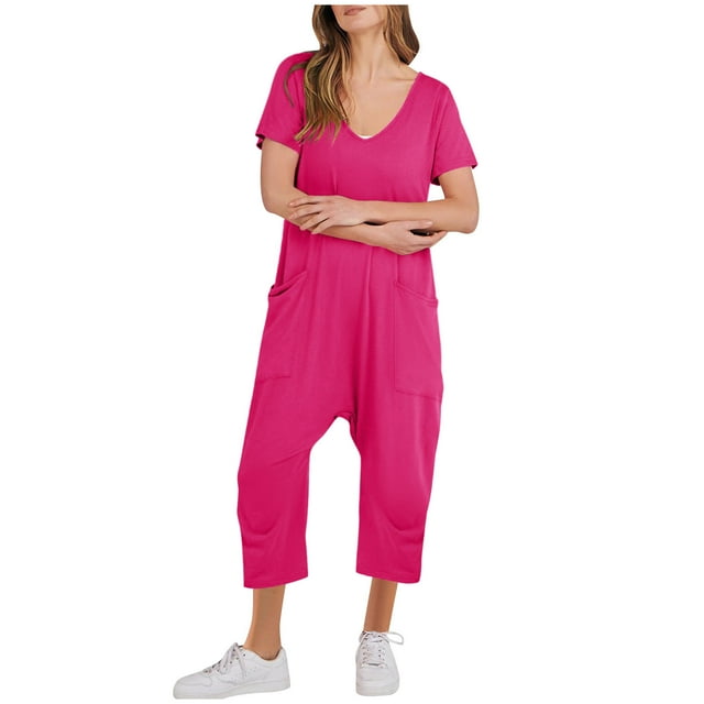 AherBiu Jumpsuits for Women Short Sleeve V Neck 1 Piece Outfits Summer Comfy Rompers with Pockets