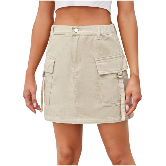 UNITWRY Denim Cargo Skirt for Women Solid Color Elastic High Waisted Button Down Mini Summer Pencil Skirt Business Work Vacation School Workout Casual Jean Skirt with PocketsKhaki 2XL