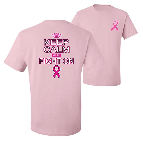 Wild Bobby, Keep Calm and Fight On, Breast Cancer Awareness, Front and Back Men Graphic Tee, Light Pink, Large