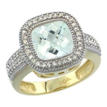 10K Yellow Gold Natural Aquamarine Ring Diamond Accent, Cushion-cut 9x9mm Diamond Accent, size 5.5