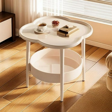AUHomi Corner Coffee Table & Side Table for Living Room, Bedroom, Balcony - Round Small End Table with Dark Wood & Black Finish, Slim Compact Sofa & Reading Table, Apartment Coffee Table (White)