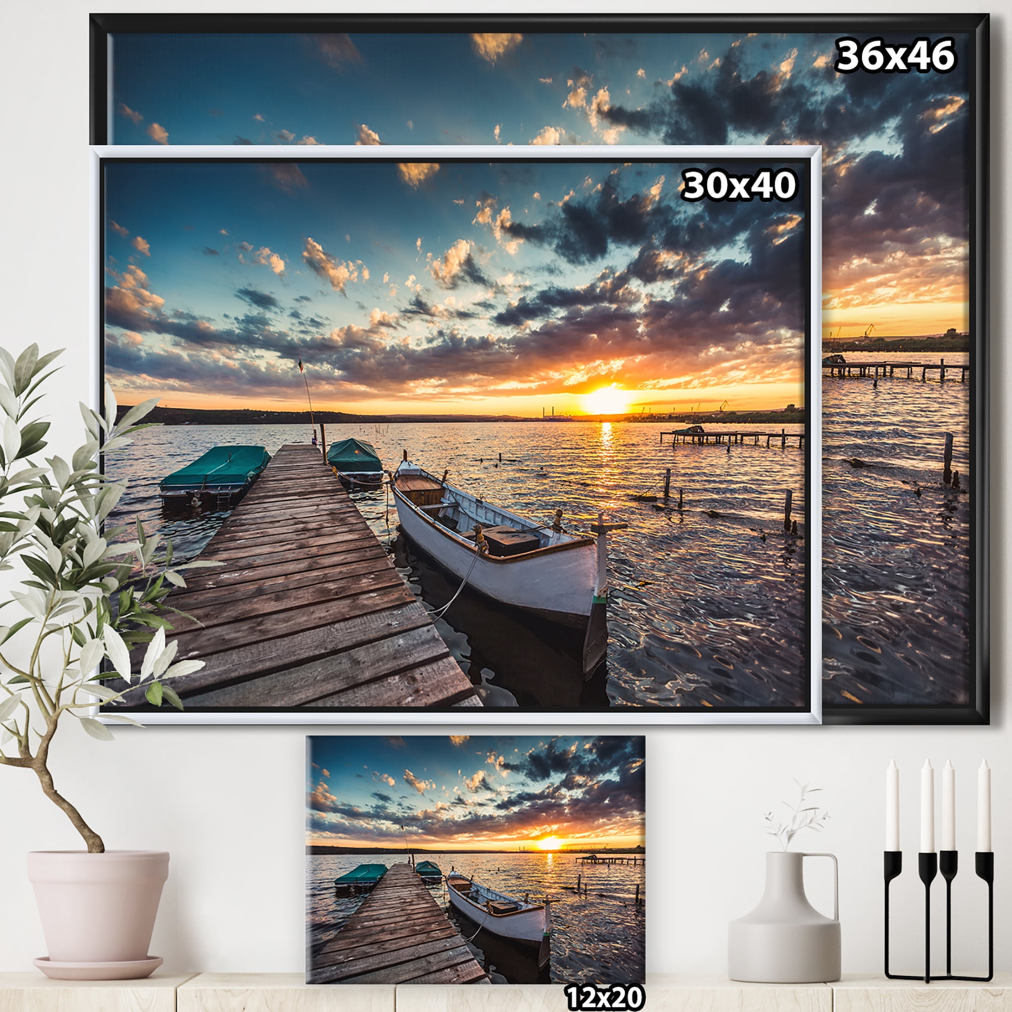 Designart ' Boats and Jetty under Dramatic Sky ' Modern Framed Canvas Art Print