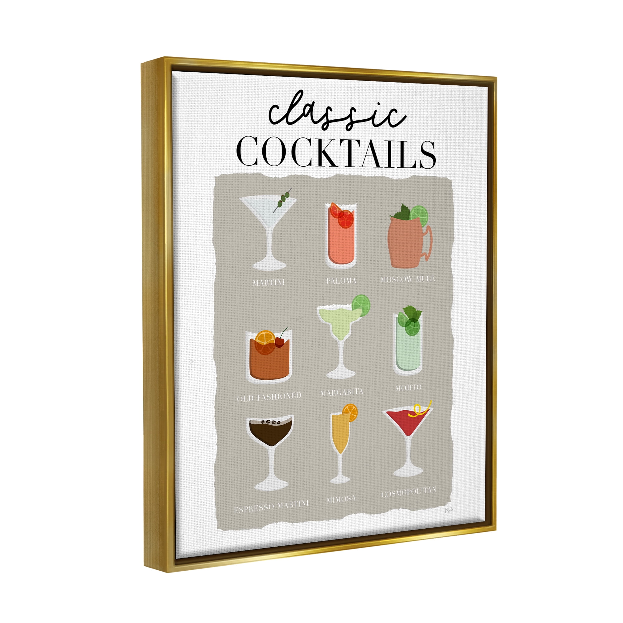 Stupell Industries Classic Cocktails Chart Food & Beverage Painting Gold Floater Framed Canvas Art Print Wall Art, 25 x 31
