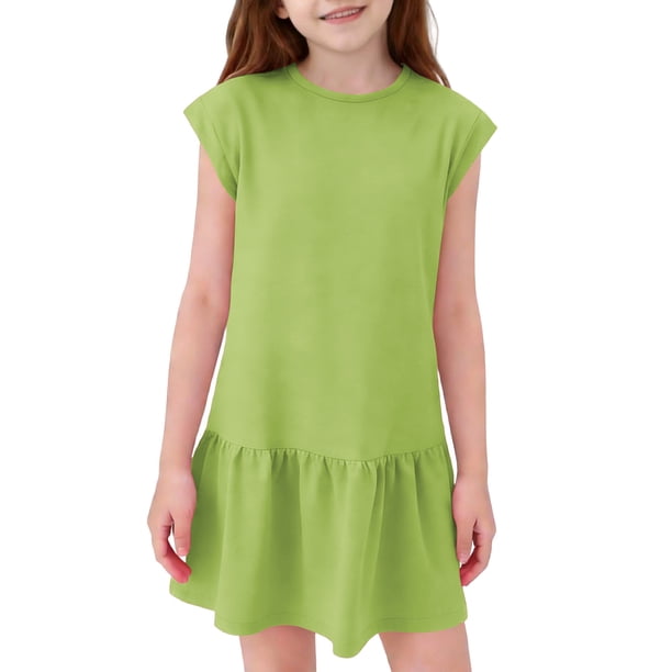 Niña Vestido de Primavera Estiramiento Suave Cómodo Casual Vestidos Sueltos para 5-14 Años Vestido de Verano de Manga Corta
