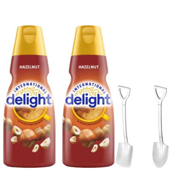 Candy Freezer Int'l Delight Shelf-stable Non-dairy Liquid Coffee Creamer.- Pack of Two (2) 32 fl oz Bottles (Hazelnut) with Shovel Spoon