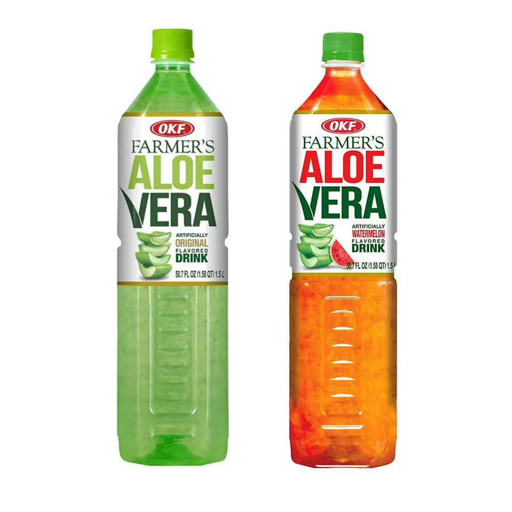 OKF Farmer's Aloe Vera Drink, Original & Watermelon, 50.7 Fluid Ounce
