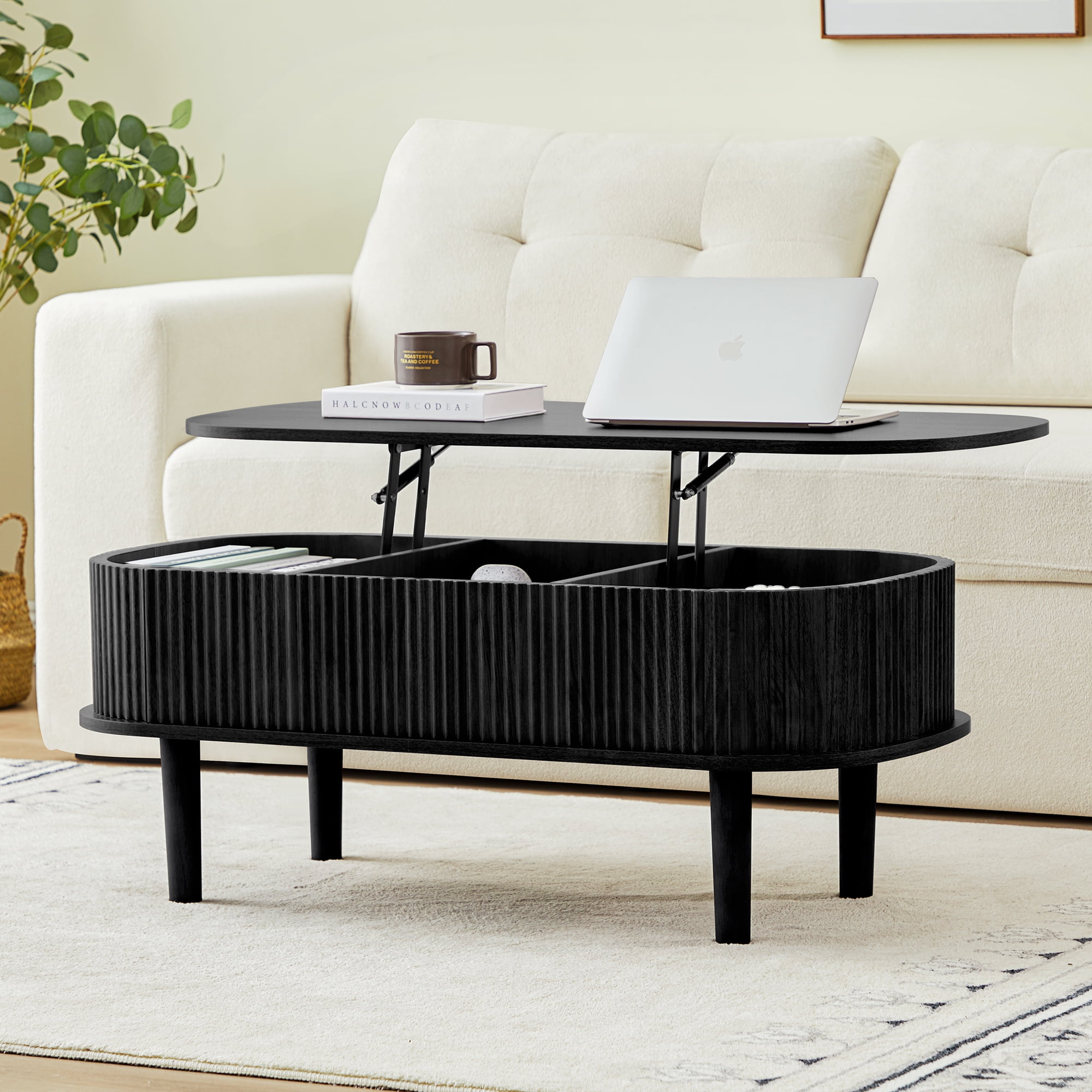 PHOYAL Wood Lift Top Coffee Table with Storage, Fluted Oval Coffee Table with Hidden Compartments for Living Room, Black