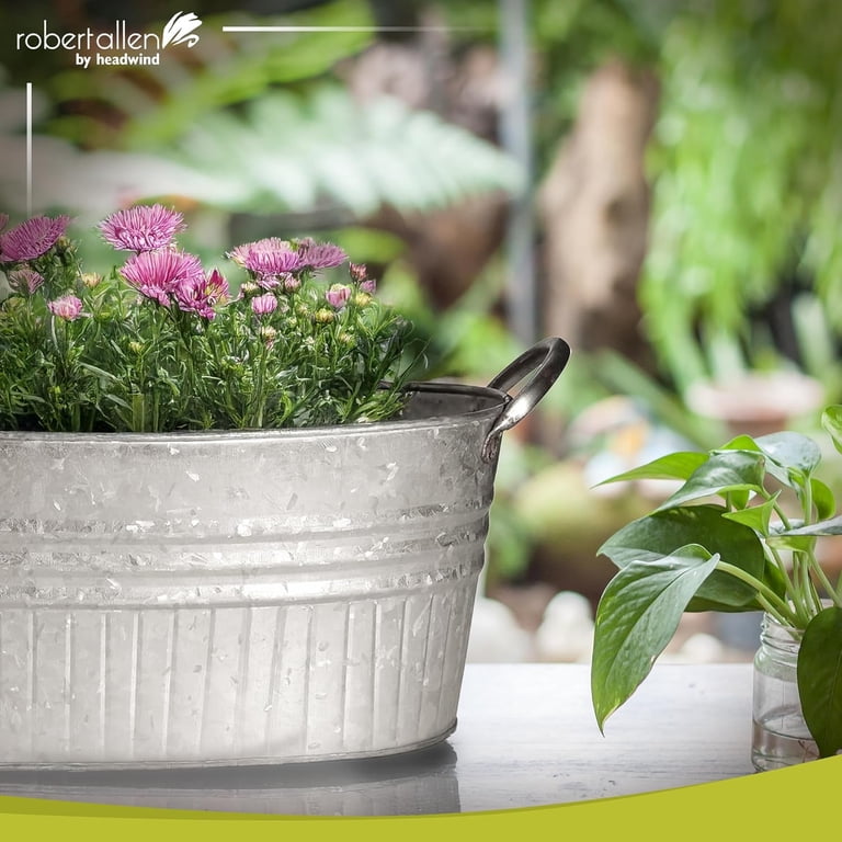 Headwind Robert Allen 16.5" Oval Tub Metal Planter w/Handles  Lightweight  Galvanized Steel with Drainage Holes  Indoor/Outdoor Garden Pot