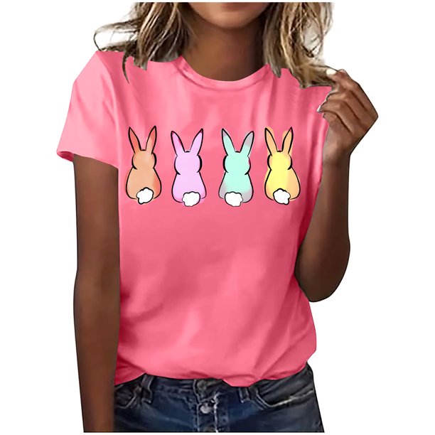 Mujeres Manga Corta de Verano Tops Pascua Impresa Cuello Redondo, Blusa de Moda Casual para la Primavera