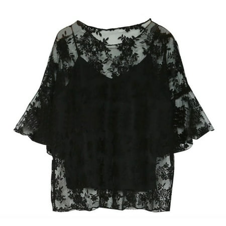 Butterfly And Lace Shirt - Hot Fashion Women Floral Blouse O-Neck Tops Flower Embroidered Chiffon Blouse Crochet lace Two-piece Butterfly Sleeves Blouse