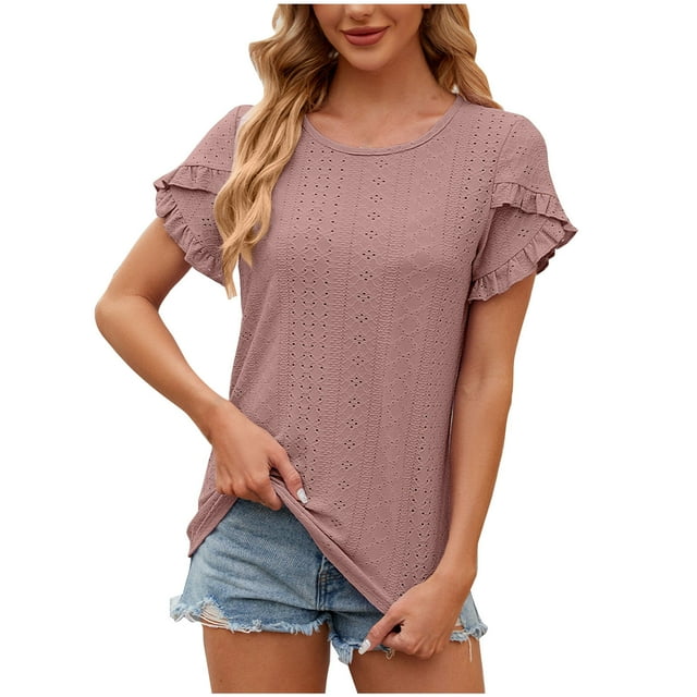 AherBiu Hauts pour Femmes Broderie Illet Ample Décontracté Col Rond Manches à Volants Été Boho Tuniques