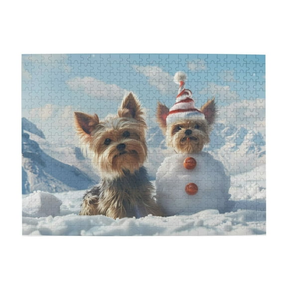 500-Piece Wooden Jigsaw Puzzle for Adults - Yorkie Snowman Winter Scene , Fun & Relaxing Family Game, No-Dust Interlocking Pieces, Perfect Wall Decor & Holiday Gift