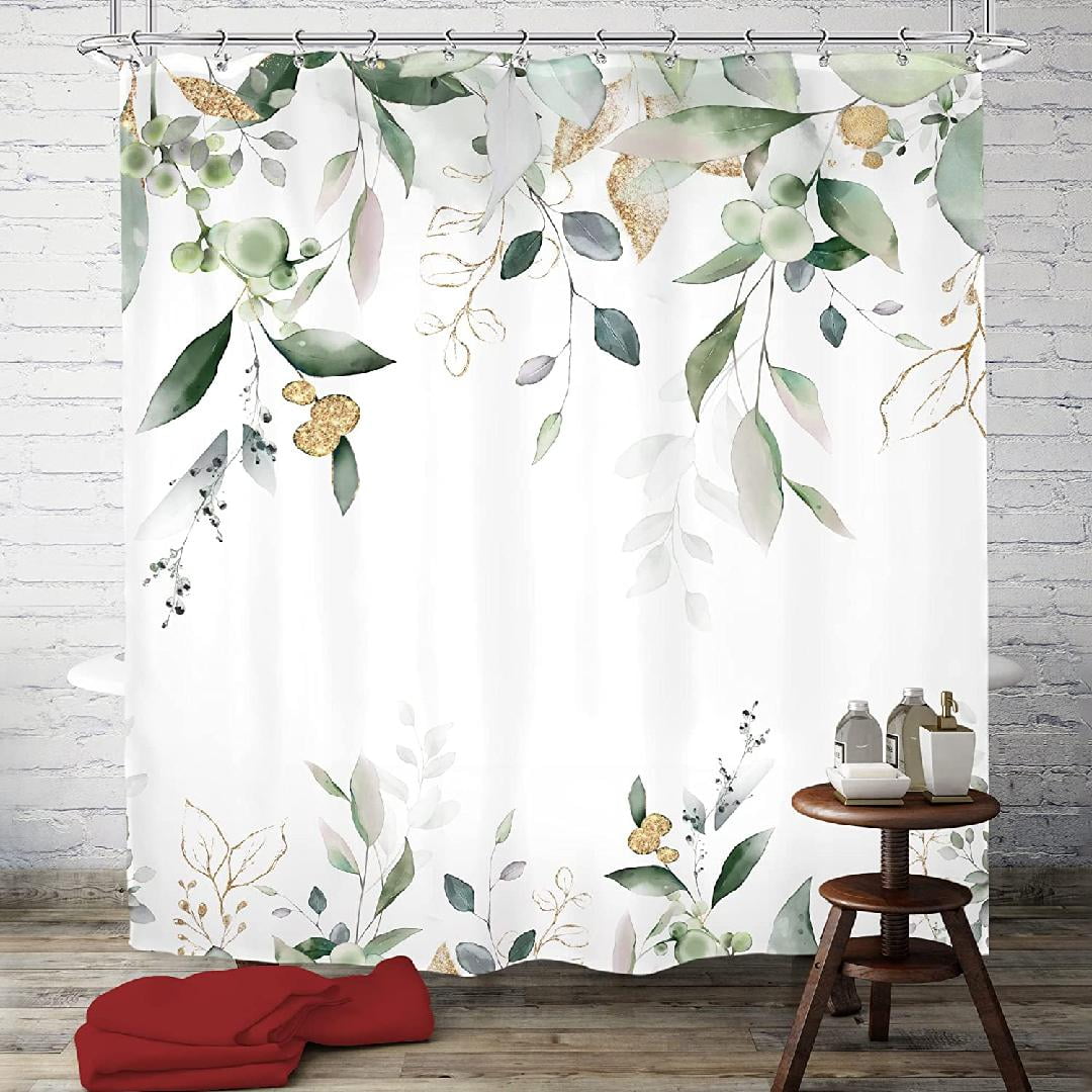 Green Eucalyptus Leaves Shower Curtain 60Wx72L Inch Gold Botanical