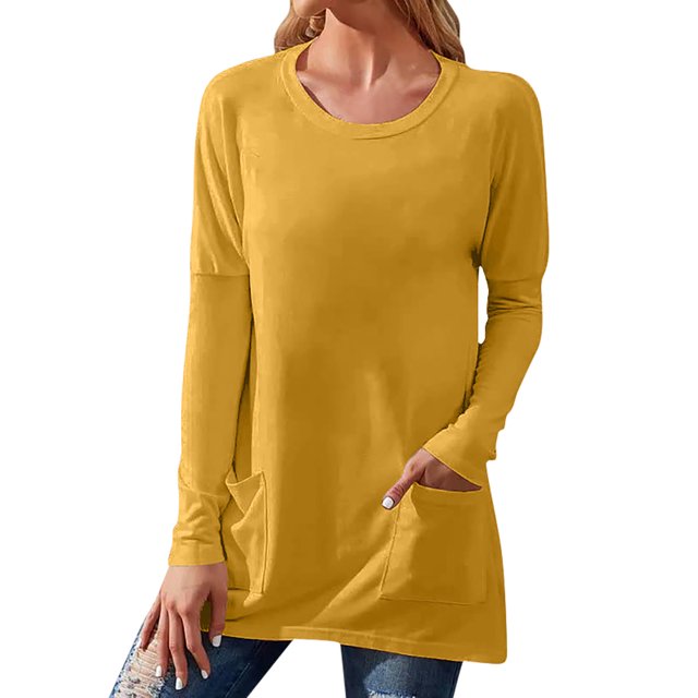 Baberdicy T-Shirts pour Femmes Chandails en Molleton à Manches Longues pour Femmes Pulls à Col Rond Color Block Tuniques Hauts pour Femmes Jaune