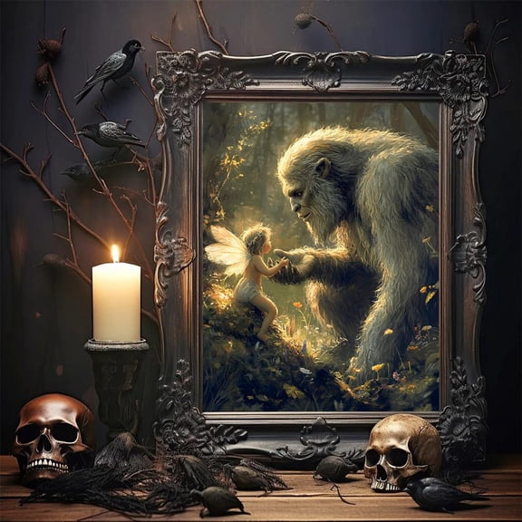 Fairy And Yeti Art Poster Whimsical Forest Nursery Decor Home Decor, 8x12 UNFRAMED