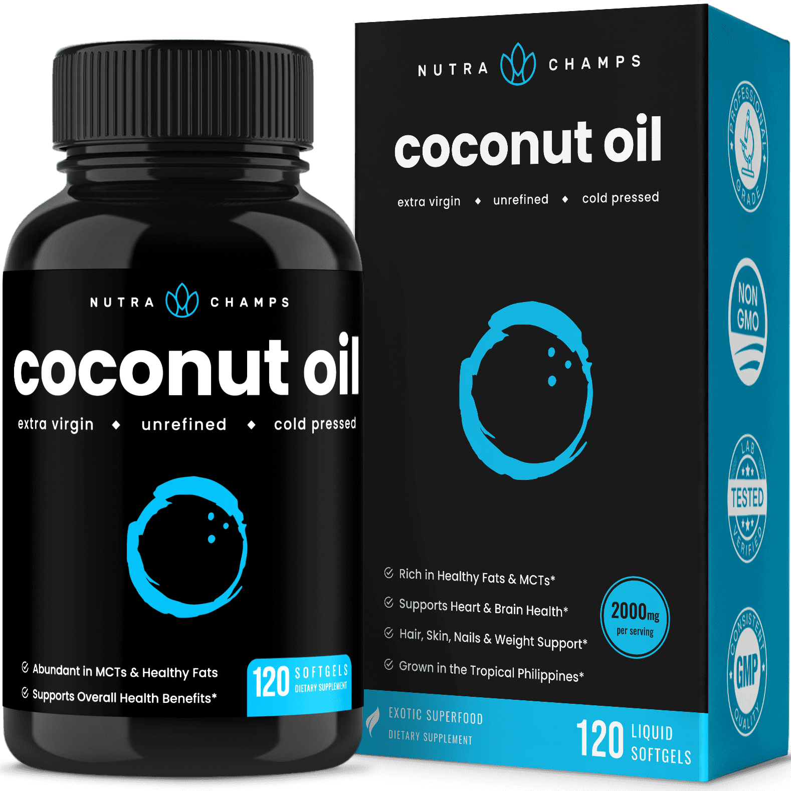 NutraChamps Organic Coconut Oil Capsules 2000mg 120 Softgels Extra
