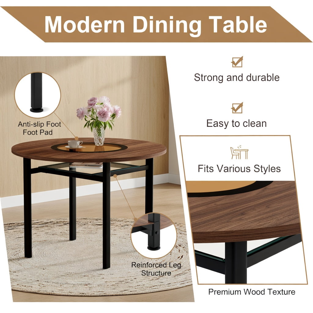 Hommoo 42 Inch Round Dining Table, Modern Minimalist Brown Wood Grain Top with Teal-Tinted Glass Inlay, Black Metal Base & Lower Glass Shelf for 4-6 People, Walnut & Black