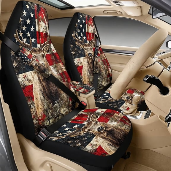 Xoenoiee Retro American Flag Deer Print Car Accessories Set of 5, PU Leather Car Seats Cover Protector, Seatbelt Cover, Auto Armrest Cover Protector for Most Vehicle, SUV, Truck