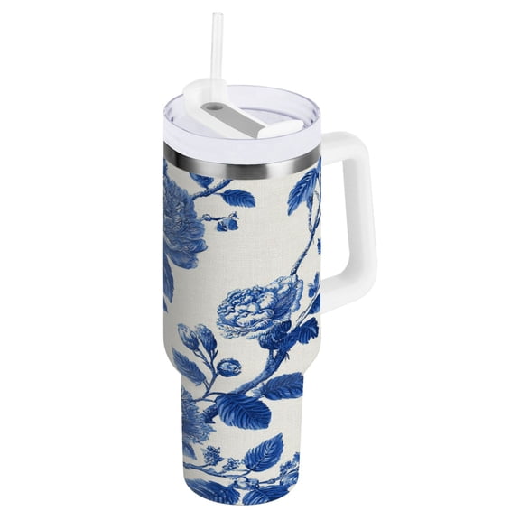 Stainless Steel Tumbler with Straw and Handle, Double Wall Insulated Tumblers, Blue Floral