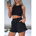 thumbnail image 6 of Women Summer Lounge Sets Casual Waffle Knit Crop Top Shorts Outfits 2 Piece Sets Sleepwear Black S, 6 of 8